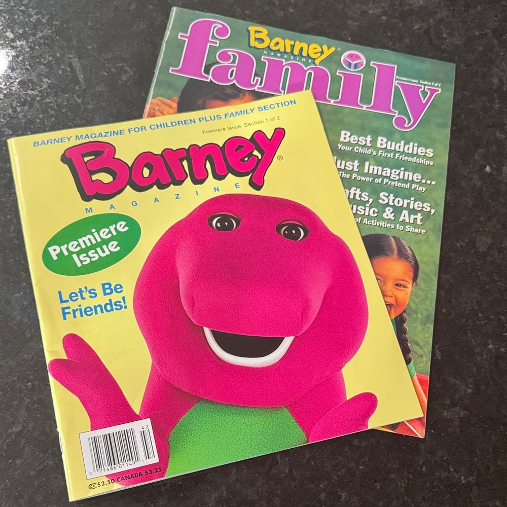 Rare, vintage premiere issues of Barney Magazine and Barney Family